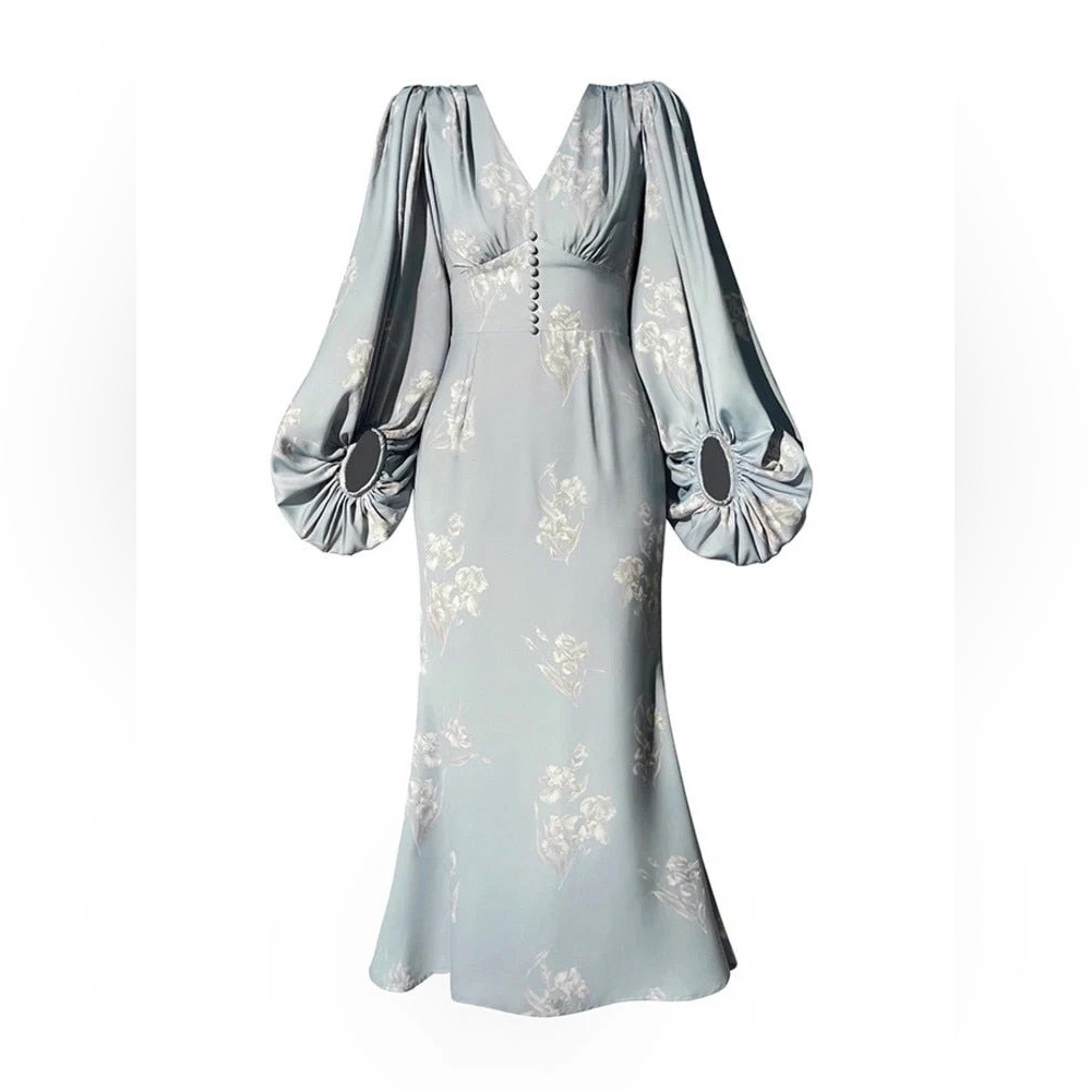Long sleeve, lined light blue dress with floral pattern in midi length - size s